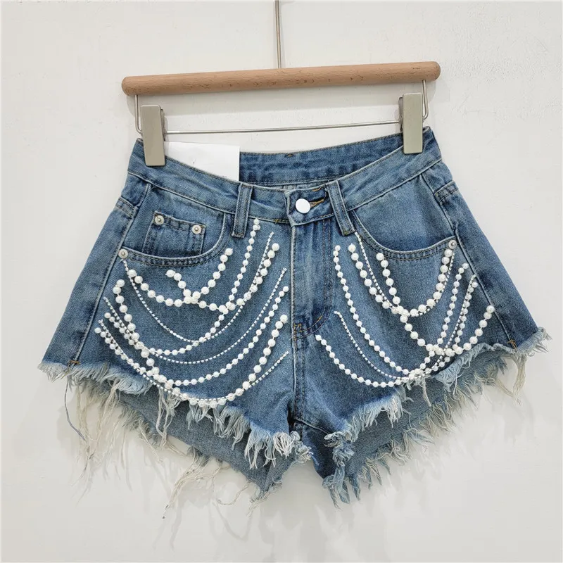 Denim Shorts Women's Summer High Waist Slimming Rhinestone Fringed Burr - Blue