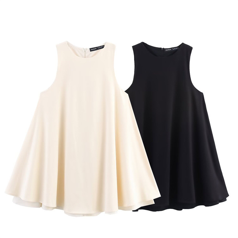 Fashionable Temperament Wide Swing Round Neck Sleeveless Short Version Dress