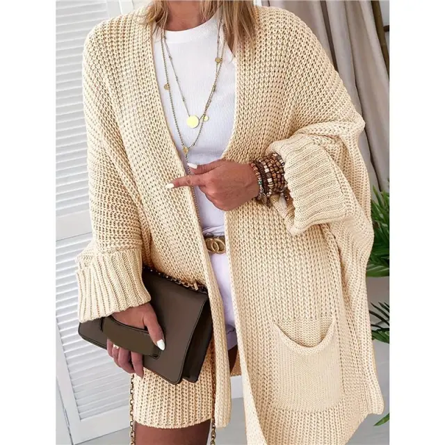 Front Cardigan Folding Batwing Sleeve Cardigan Oversized Knitted Sweater Coat Beige - Shop at LoveMi