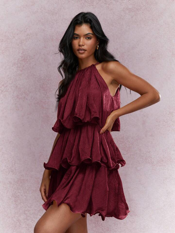 Strapless Sleeveless Sheer Dress With Ruffled Hem And Elegant Design Wine - Shop at LoveMi