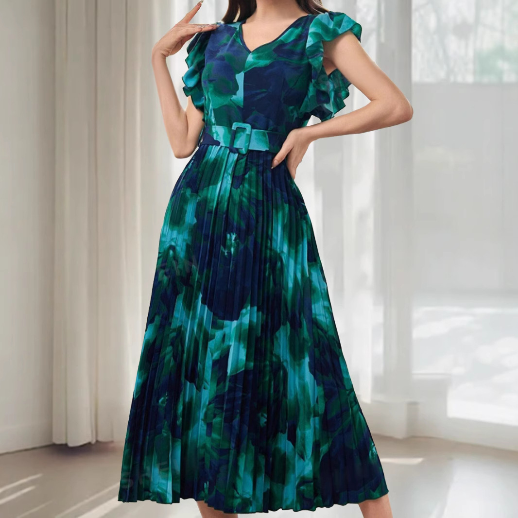 Ruffle Spliced Belt Buckle Decorated Pleated Waist tie Dye Retro Print Dress Blue And Green - Shop at LoveMi