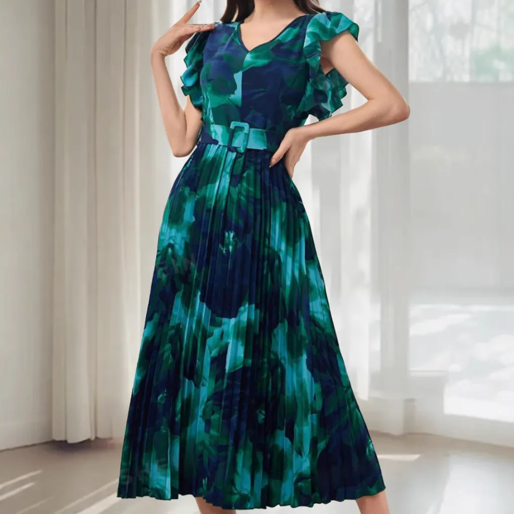 Ruffle Spliced Belt Buckle Decorated Pleated Waist-tie Dye Retro Print Dress - Blue And Green