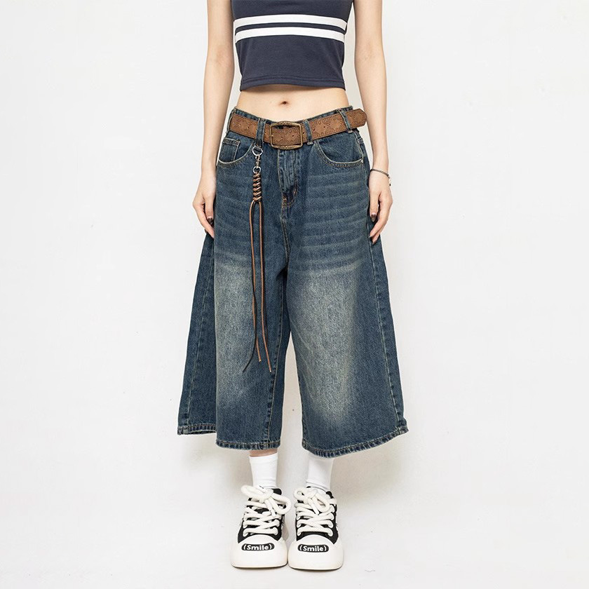 Women's American-style Retro Loose Cropped Denim Wide-leg Pants