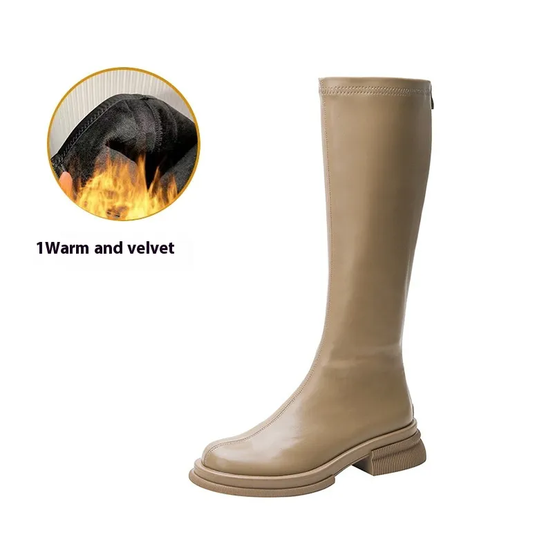 British Style Round Toe Solid Colour Short Boots Women's Boots Tide - Milk Tea Colour Thick Long-36