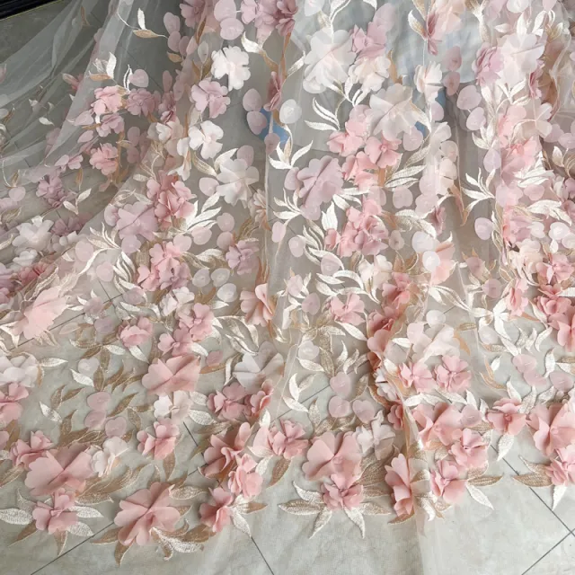 White Chiffon Flower Lace Wedding Dress Tail Dress Fabric Light Pink - Shop at LoveMi