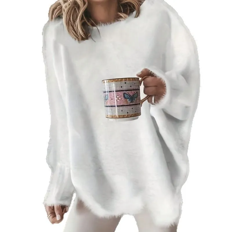 Crew-neck Batwing Sleeve Loose Casual Plus Size Women's Clothing Knitted Pullover Top - White