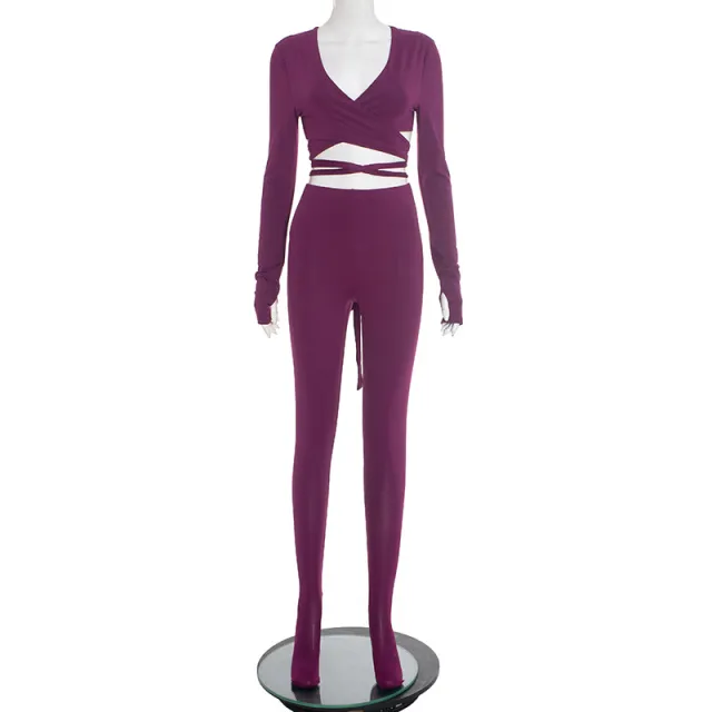 Sexy Cutout Lace Up Long Sleeve Top And Pants Set For Curvy Purple - Shop at LoveMi