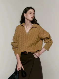 Old Money Style Pure Wool Lazy Style Polo Collar Sweater - Khaki - View 1