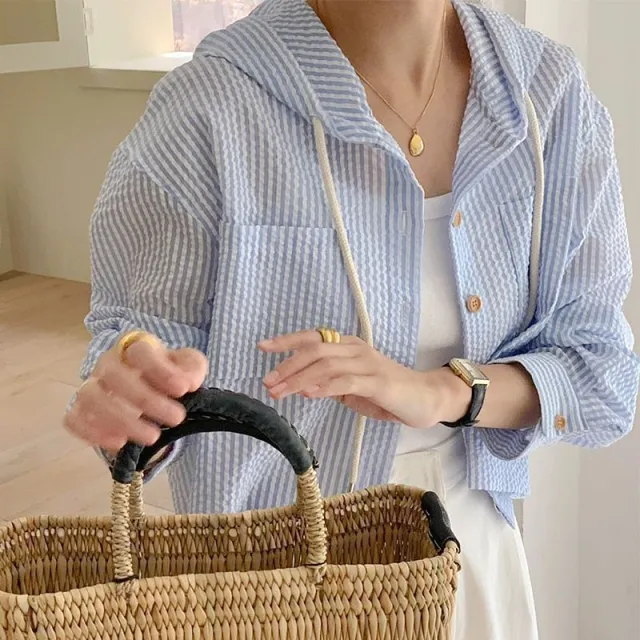 Single breasted Striped Contrast Color Short Loose Long Sleeves Sun Protection Hooded Shirt Blue - Shop at LoveMi