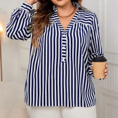 Blue And White Striped Shirt Top European And American Temperament Commuting - Dark Blue - View 1