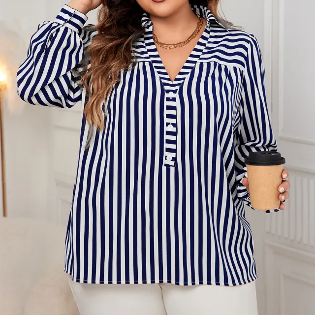 Blue And White Striped Shirt Top European And American Temperament Commuting White - Shop at LoveMi