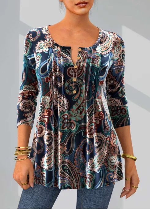 Fashion Print Round Neck Long Sleeve Top Blue - Shop at LoveMi