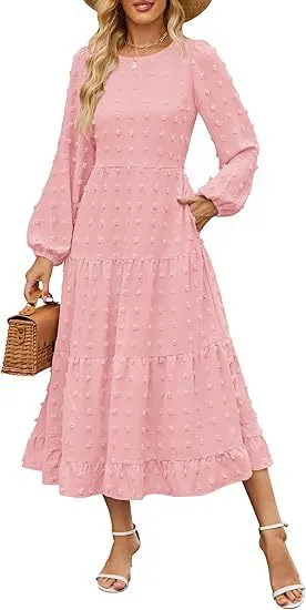 Autumn Long Sleeve Dress Casual Round Neck Pink - Shop at LoveMi