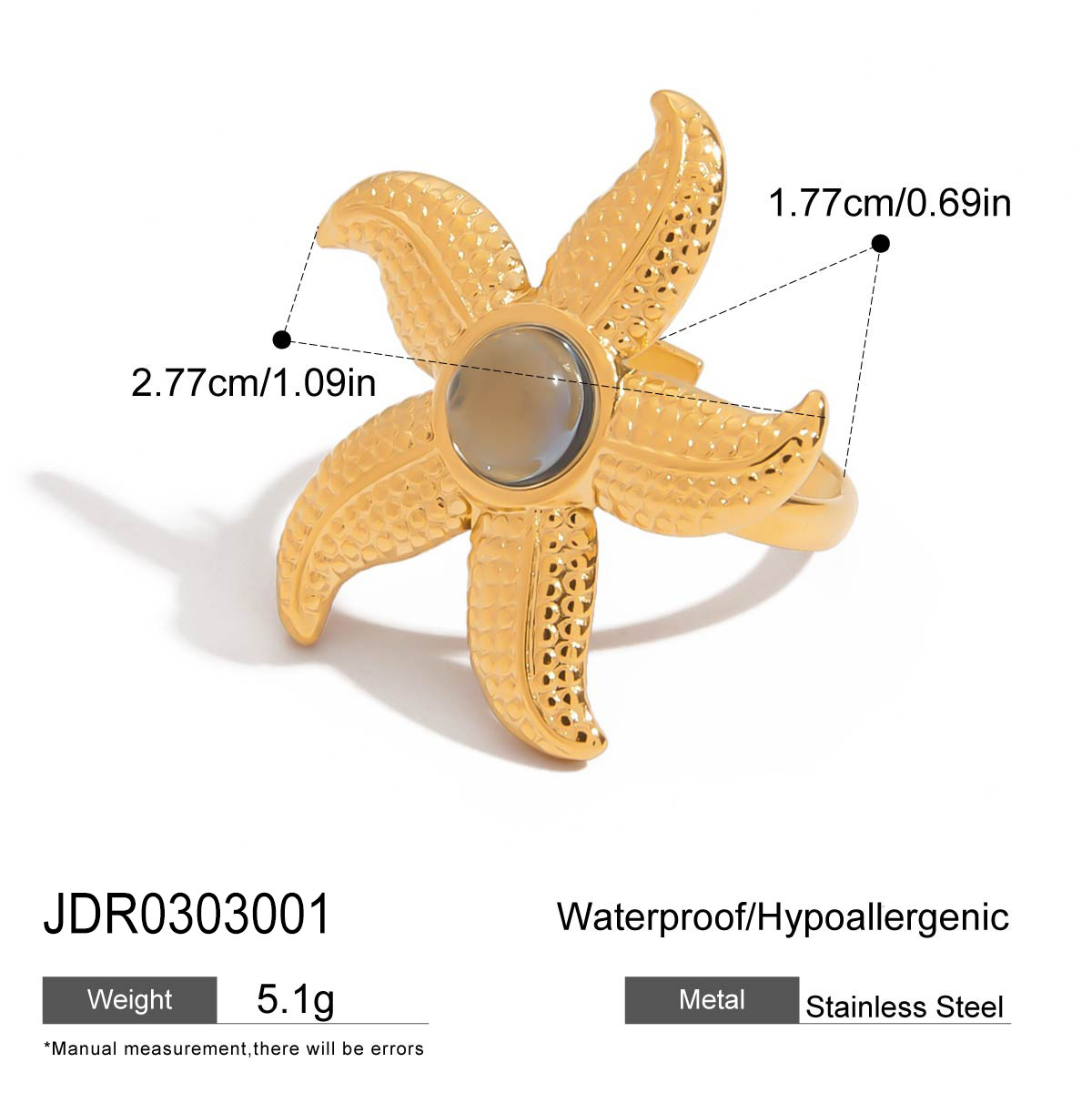 Titanium Steel Glass Ocean Wind Starfish Shell Earring Ring