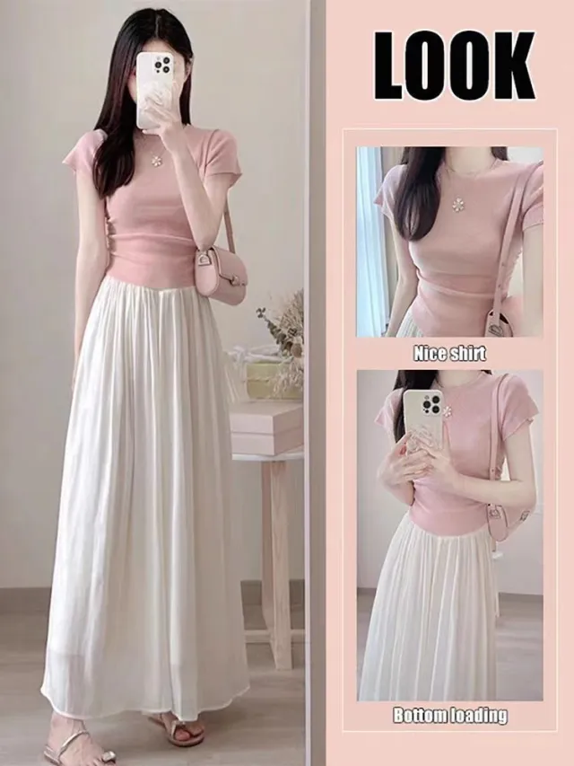 Short Sleeve Top And Skirt Two piece Suit Pink Suit - Shop at LoveMi