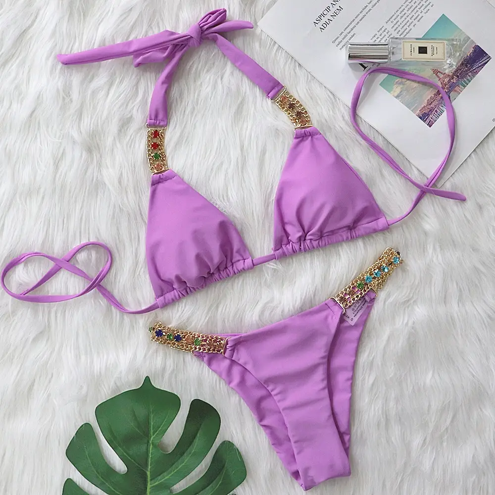 Metal Accessories Rhinestone Pure Color Bikini Women