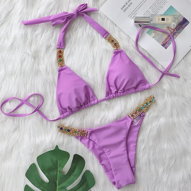 Metal Accessories Rhinestone Pure Color Bikini Women Purple - Shop at LoveMi