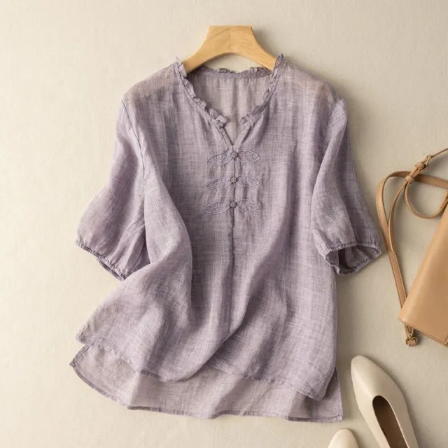 Cotton And Linen Embroidered V neck Short Sleeve Red - Shop at LoveMi