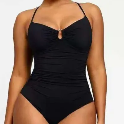 Solid Color Fashion Slim Fit Slimming One-piece Women's Double-shoulder Strap Swimsuit