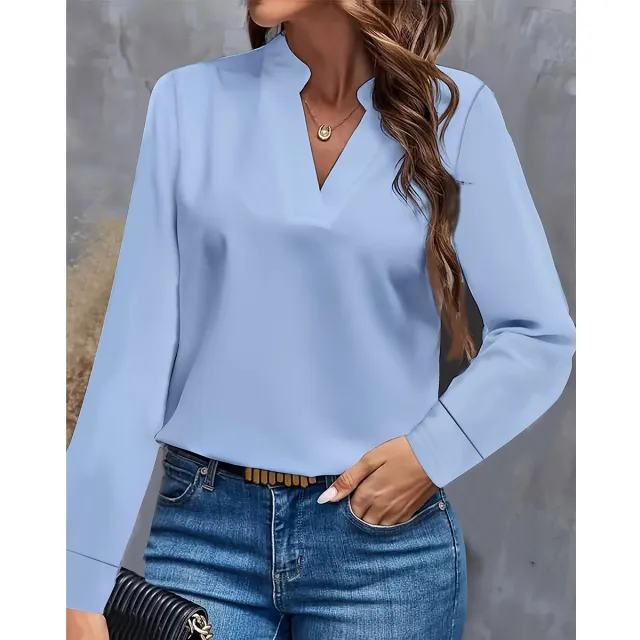 Simple Casual Solid Color And V neck Loose Shirt Women's Top Blue - Shop at LoveMi