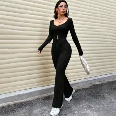 Women's Solid Colour Crop Top High Waist Slim Fit Pants - Black - View 1