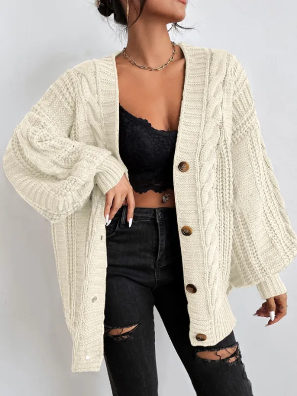V neck Sweater Women's Retro Fashion Loose Twist Knitted Coat Beige - Shop at LoveMi