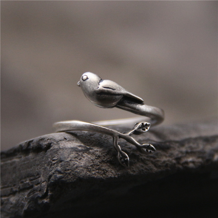 Artistic Vintage Thai Silver Bird Leaves S925 Sterling Silver Ring