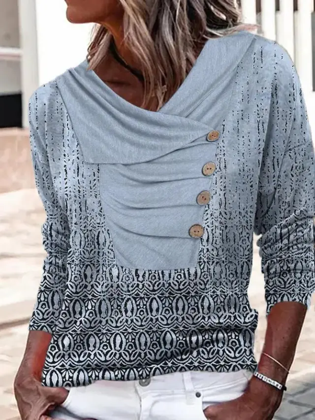 Women's Long sleeved Lapel Button Loose Print T shirt Sweater 3 Style Xxl - Shop at LoveMi