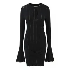 Female Solid Colour Hollow Out Hip Bag Trumpet Sleeve Knitted Dress - Black - View 1