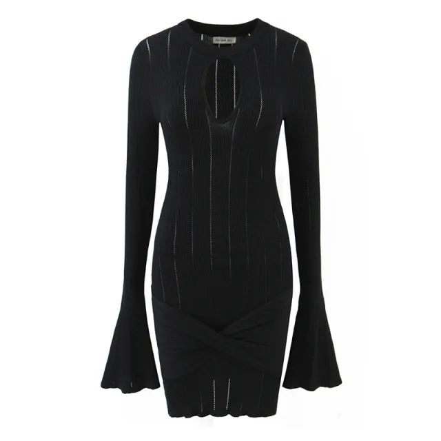 Female Solid Color Hollow Out Hip Bag Trumpet Sleeve Knitted Dress Black - Shop at LoveMi