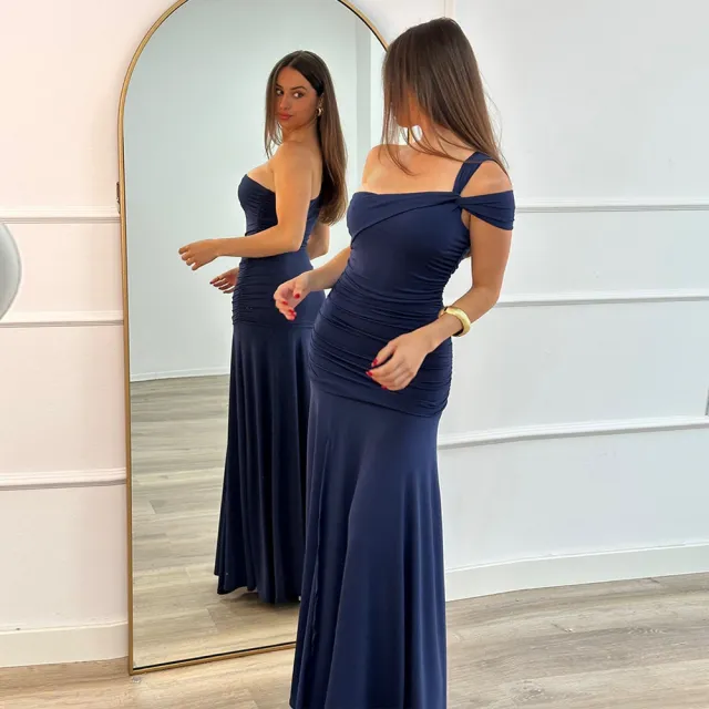 Solid Color Sexy Oblique Shoulder Pleated Side Slit Slim Fit Dress Navy Blue - Shop at LoveMi