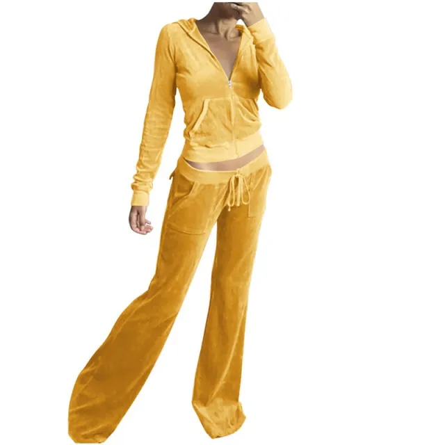 Casual Solid Color Velvet Wide Leg Pants Two piece Set Sunflower Color M - Shop at LoveMi