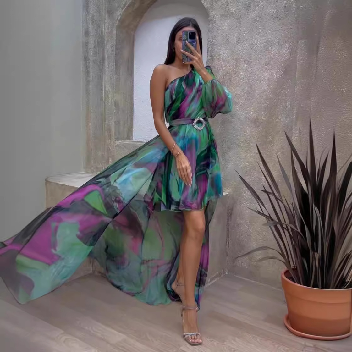 Women's Fashion Personalized Printing Sloping Shoulder Dress - Image 1