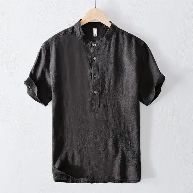 National Men's Embroidered Breathable Solid Color Short Sleeve Dark Gray - Shop at LoveMi