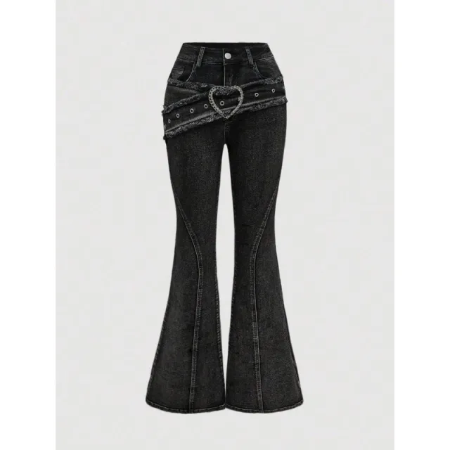Punk style Vintage Metal Heart shaped Belt Frayed edge Jeans Black - Shop at LoveMi