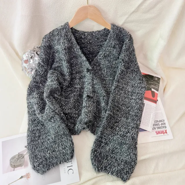 Women's Solid Color Short Casual Loose Knit Cardigan Gray - Shop at LoveMi