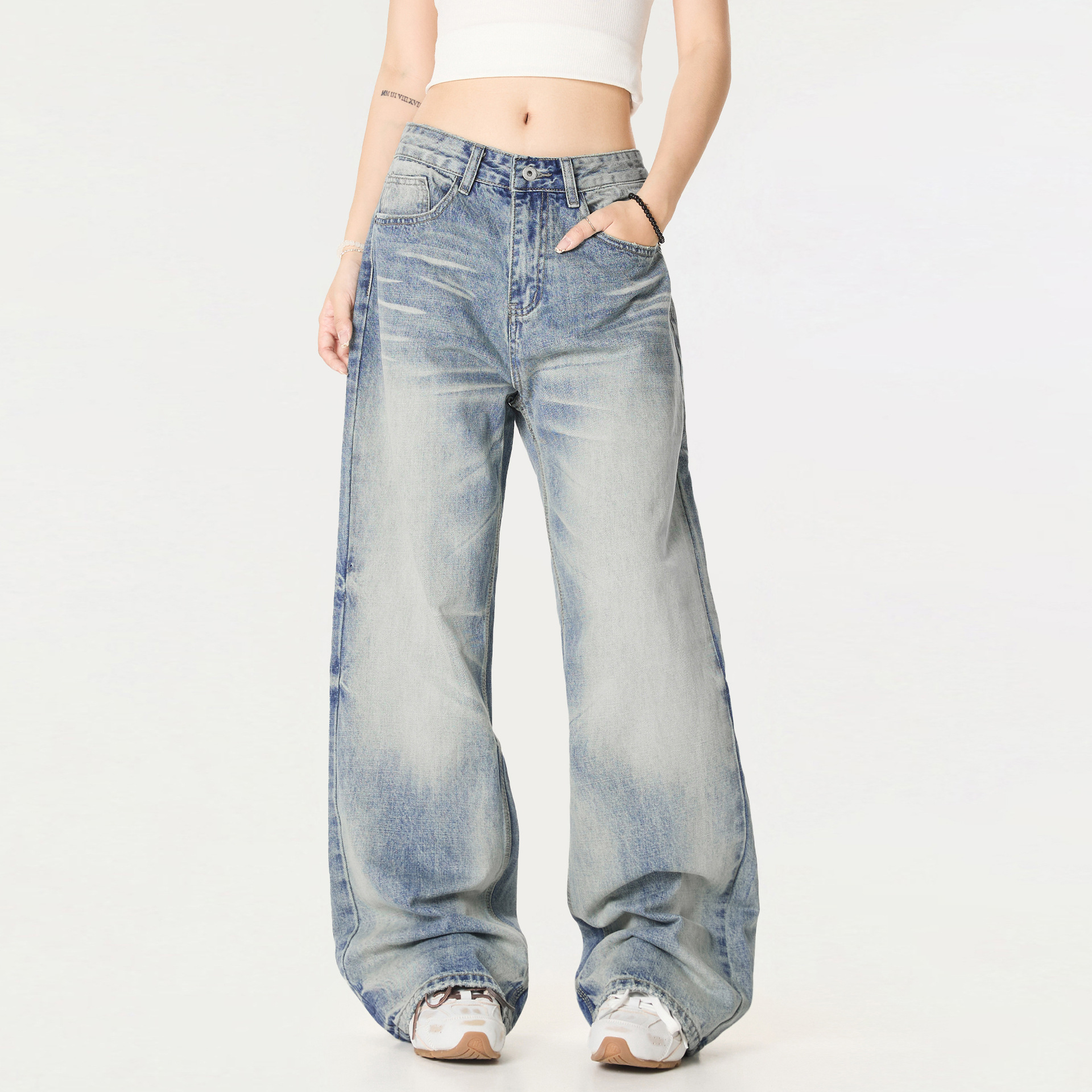 Retro Distressed Wide-leg Unisex American High-street Straight-leg Casual Trousers
