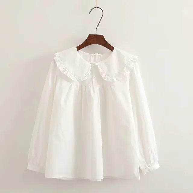 Sweet Cute Princess Style Doll Collar Ruffled Long Sleeve Shirt White Long Sleeve - Shop at LoveMi