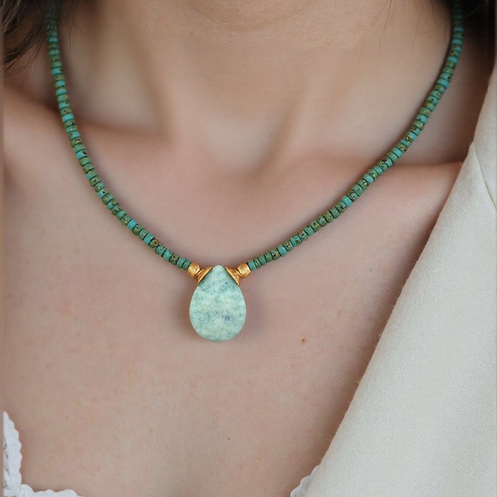 Natural Teardrop-Shaped Amazonite Pendant Necklace