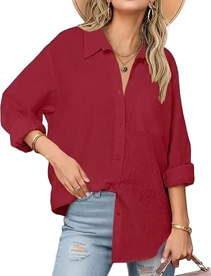 Casual Long sleeved Shirt For Women Red - Shop at LoveMi