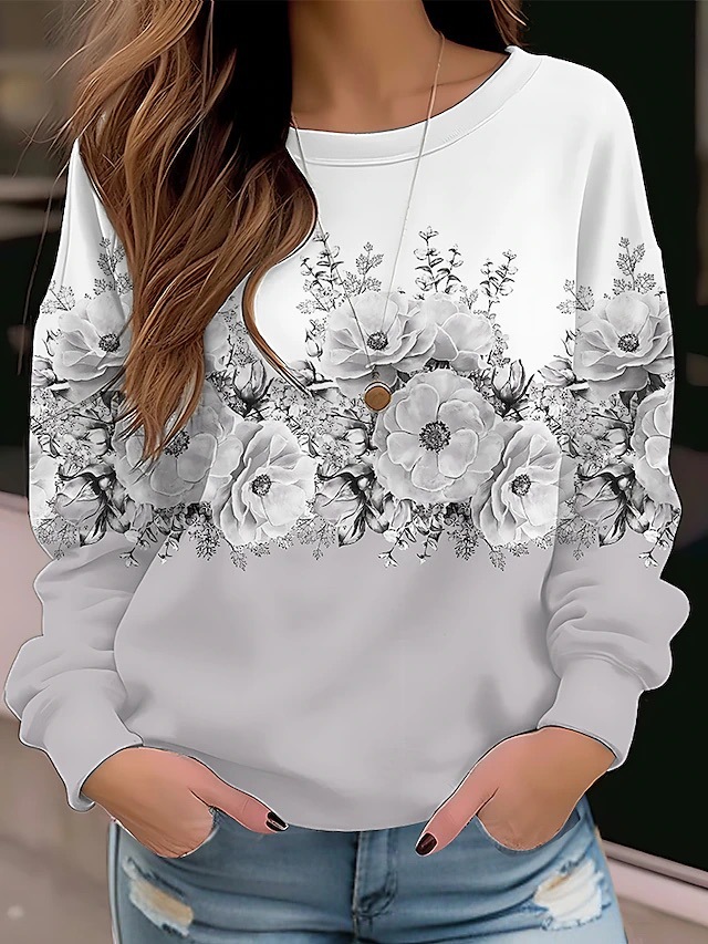 Pullover Sweater Floral Flower Round Neck Sweater Long Sleeve Floral - Shop at LoveMi