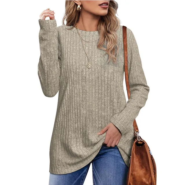 New Autumn And Winter Round Neck Brushed Sunken Stripe Solid Color Top Long Sleeve Women's T shirt Apricot - Shop at LoveMi