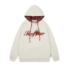 Plaid Applique Letters Hooded Sweater - Light Gray - View 1