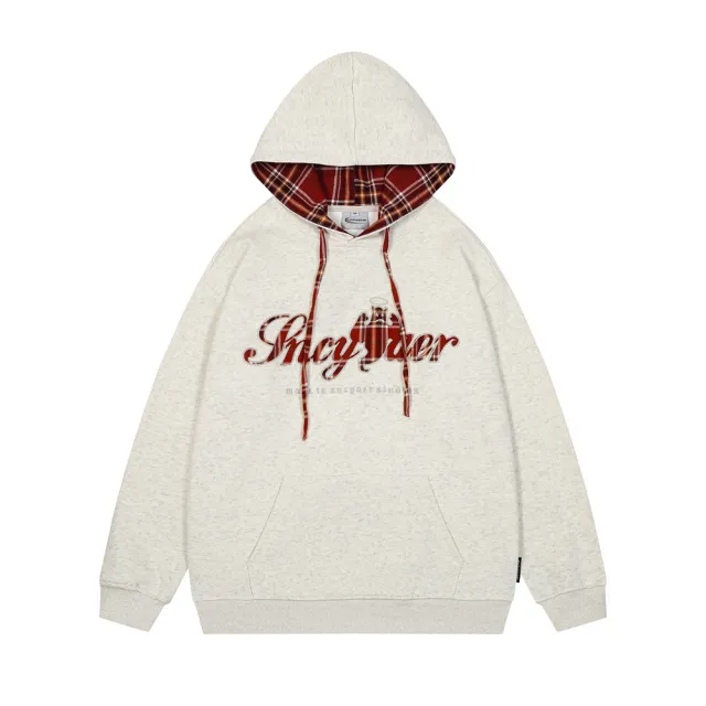 Plaid Applique Letters Hooded Sweater Light Gray - Shop at LoveMi