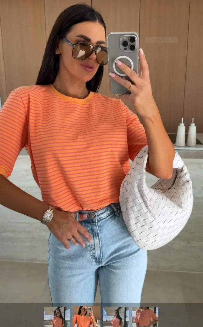Summer Casual Striped Round Neck Loose Color Matching Short Sleeve - Orange
