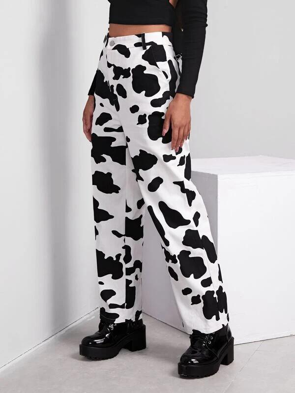 Title 4, Cow Black and White Printed Jeans Womens Trous...