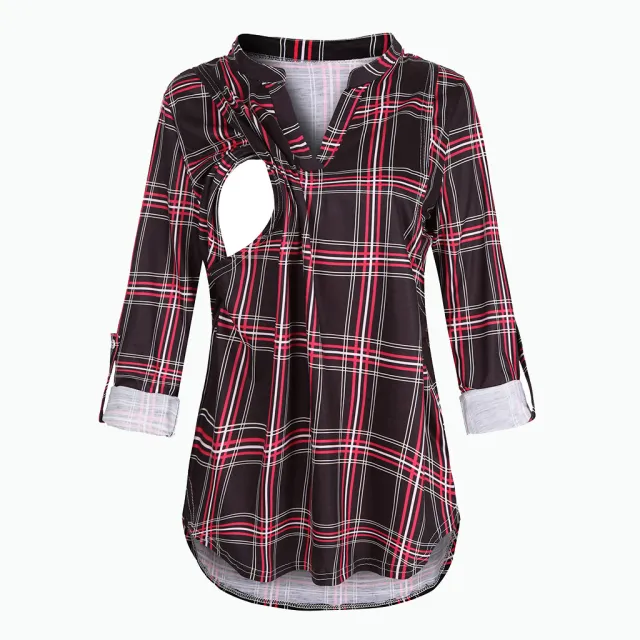 Plaid Printed Pregnant Woman Breastfeeding V neck Long Sleeve Top Plaid Black - Shop at LoveMi
