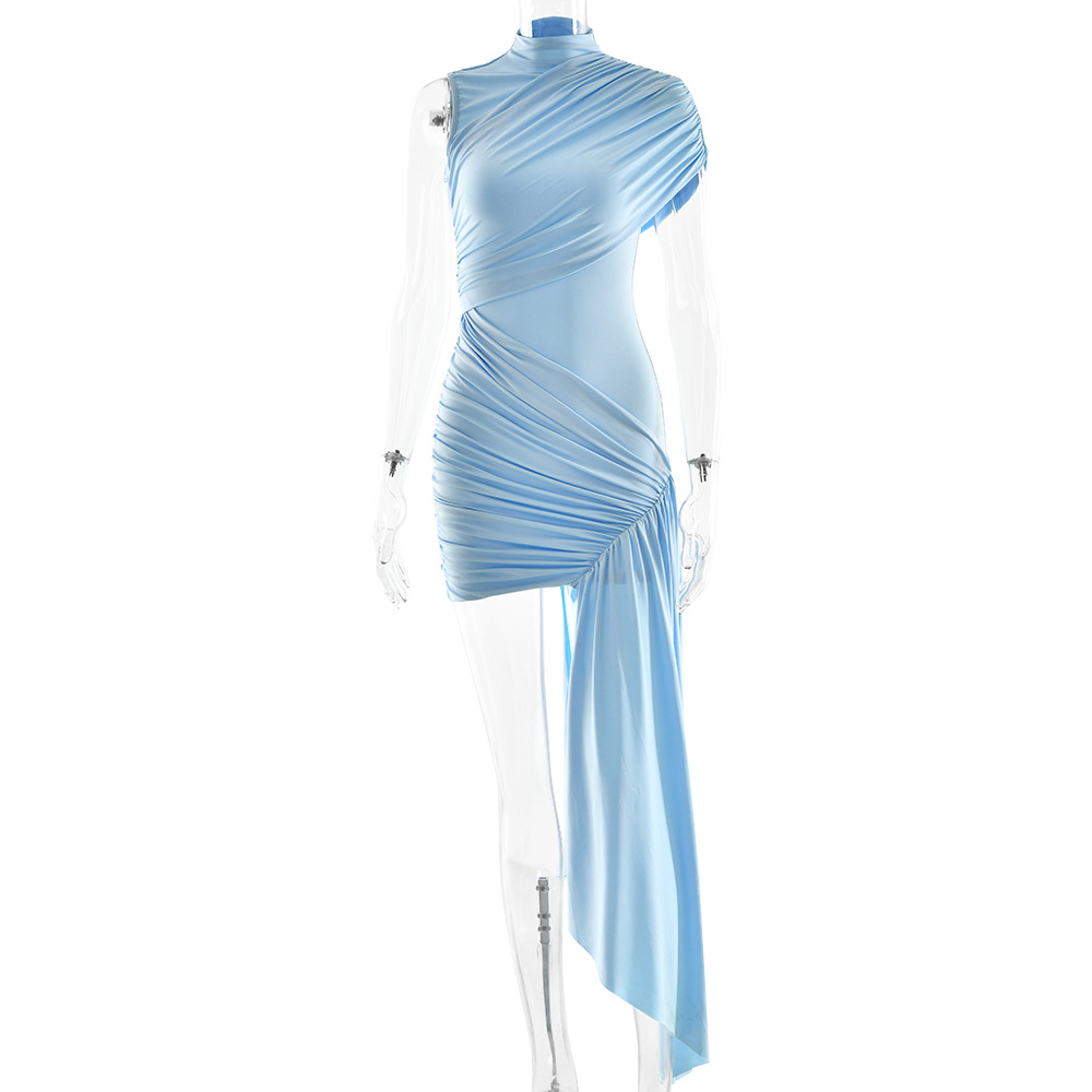 Women's Solid Color Irregular Ribbon Bodycon Dress Blue - Shop at LoveMi