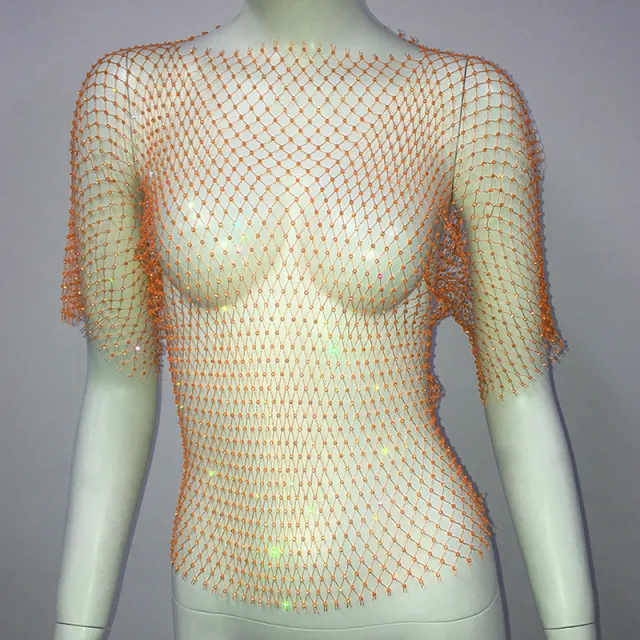 Spicy Vest Fishnet Short Sleeve Top Orange - Shop at LoveMi