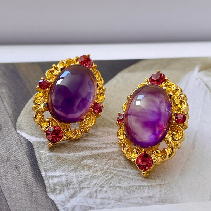 Purple Crystal Oval Mid-ancient Rhinestone Lace Earrings